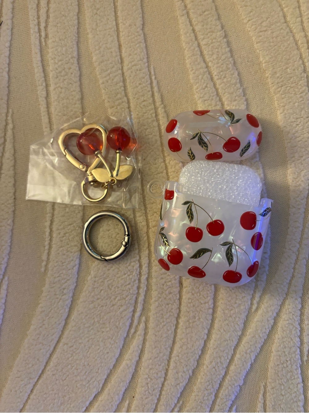 Cherry Print AirPods Case with Red Heart Key Charms